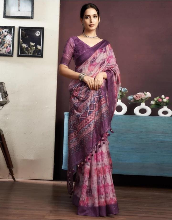 Floral Print, Geometric Print, Embellished Mekhela Chador Cotton Blend Saree  (Pink, Purple) (sp27)   FK